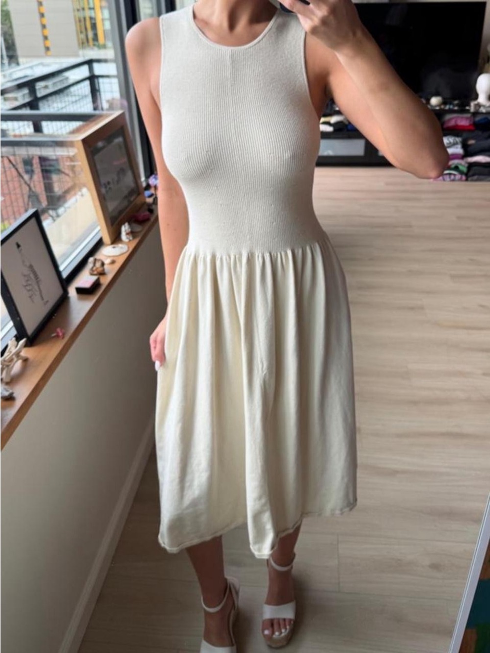 Everlane Cream Sleeveless Knit-Bodice Midi Dress